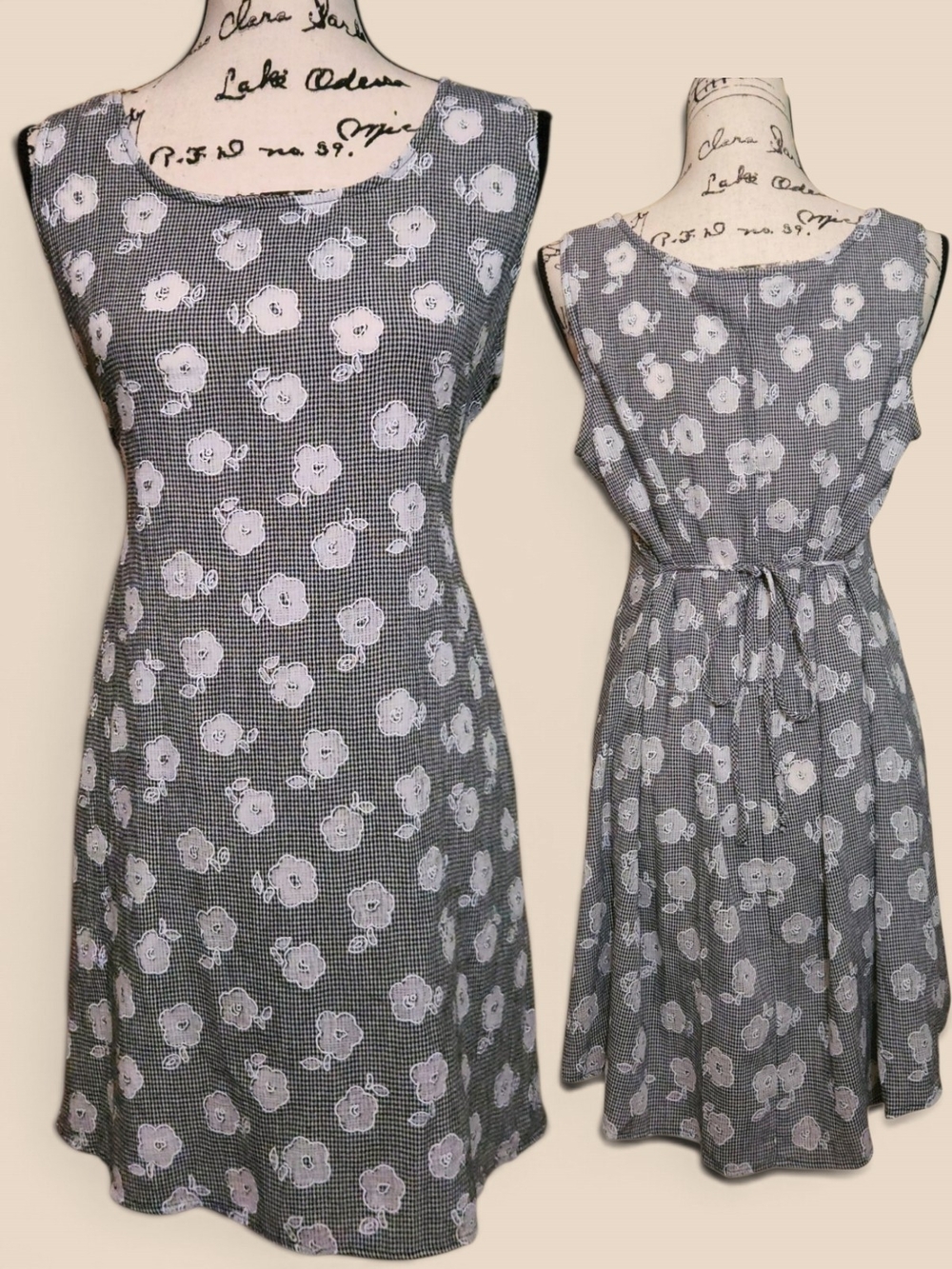 La Belle 90s Vintage Gingham Dress With Floral Gauze Embroidery Black And White